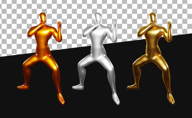 3d Render Stickman Karaté Pose, effectuez une position de coup de pied au milieu du corps