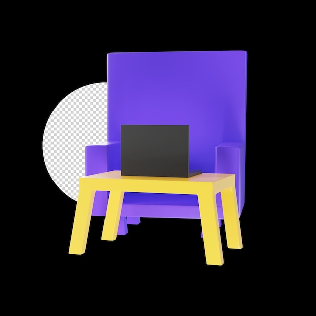 PSD 3d render style laptop auf dem tisch mit sofa-symbol auf schwarzem hintergrund