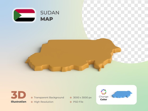 3d render Sudan country map 3d render with transparent background and can change color