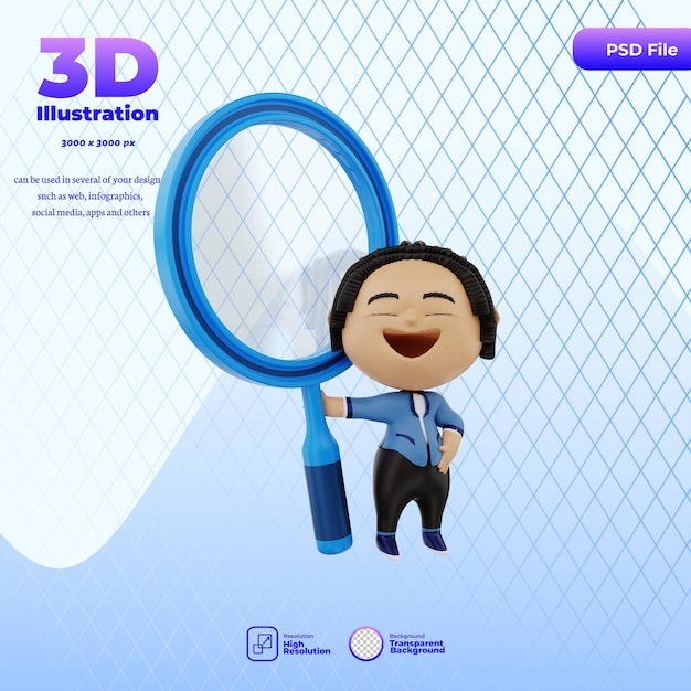 3D-Render süßer Geschäftsmann mit Lupe