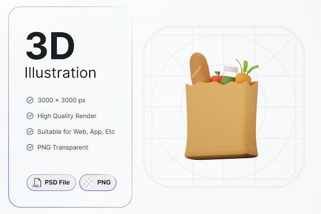 3D-Render-Taschen-Shopping-Lebensmittelkonzept, modernes Icon-Illustrationsdesign