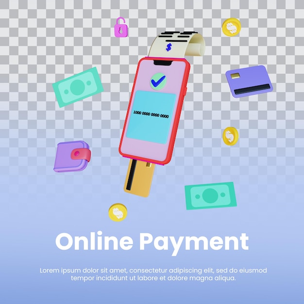 3d render telefone pagar online com recibo de conta