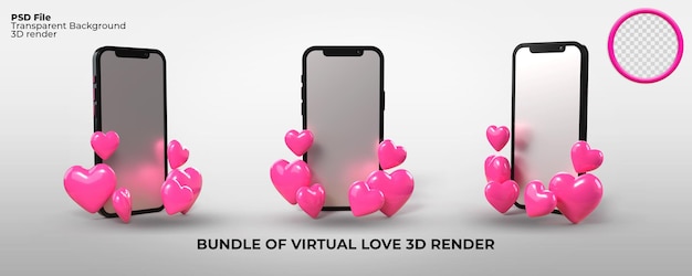 3d render teléfono de amor virtual y objeto de corazón boda de fecha de color rosa