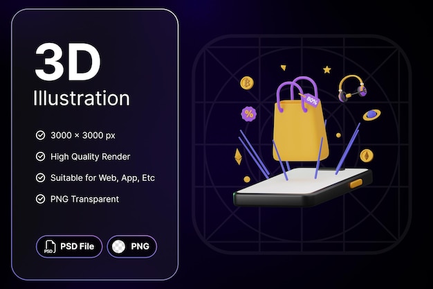 3D Render Teléfono Tienda Metaverso Compras Concepto Moderno Icono Ilustraciones Diseño