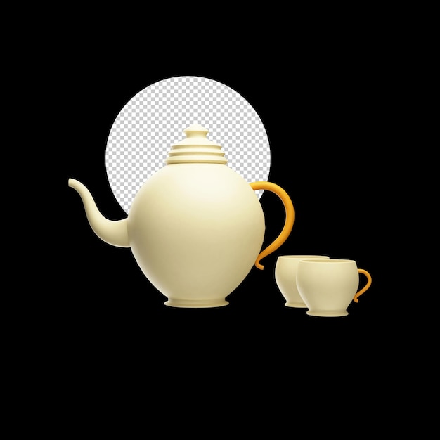 3D Render De Tetera Amarilla Con Dos Tazas Contra Círculo Png Fondo Negro