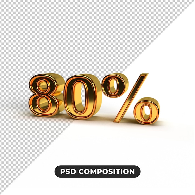 3D render texto dorado 80 por ciento de descuento