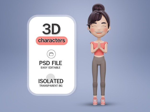 3D Render Thai Bubble Head Girl está saludando en llamado Sawasdee