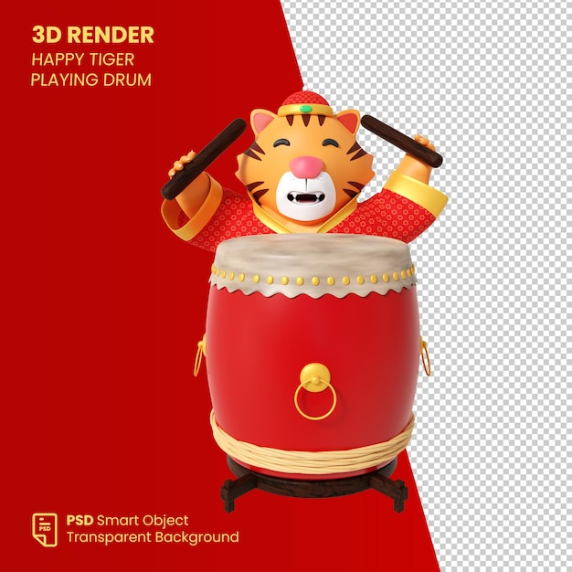 3d render tigre chino tocando el tambor