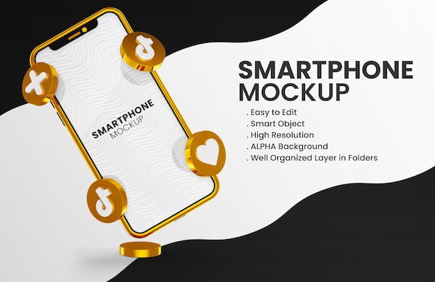 3D-Render-Tiktok-Symbol auf Gold-Smartphone-Modell m