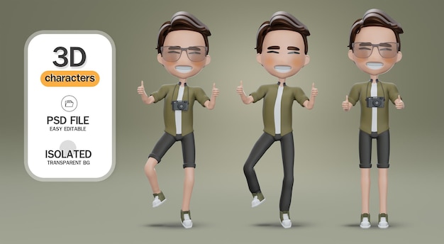 3d render turista personaje de dibujos animados baile chico lindo muestra los dedos hacia arriba