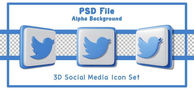 3D Render Twitter Ícone de mídia social definido fundo alfa