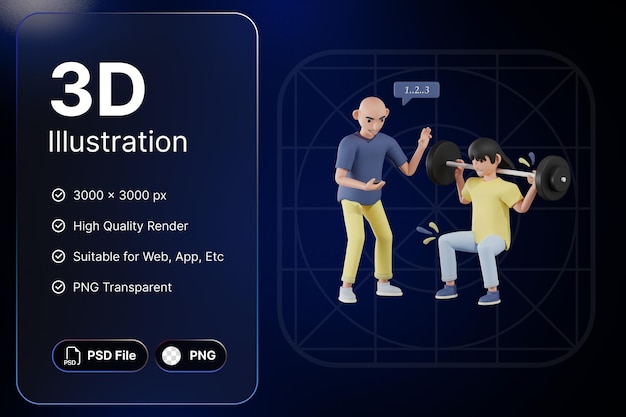 3D Render Two Boy Character Fitness Concepto Moderno Icono Ilustraciones Diseño