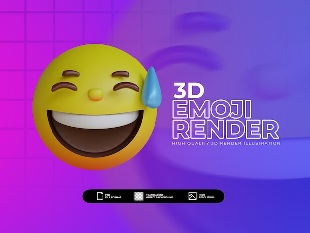 PSD 3d render um sorriso fofo e sorridente rosto de emoji com gota de suor