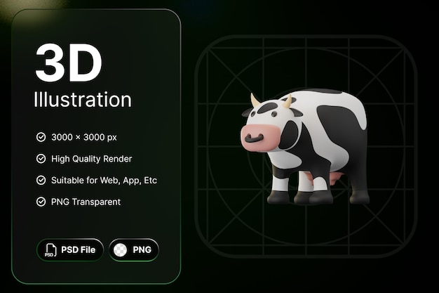 3D Render Vaca Eid AlAdha Concepto Moderno Icono Ilustraciones Diseño