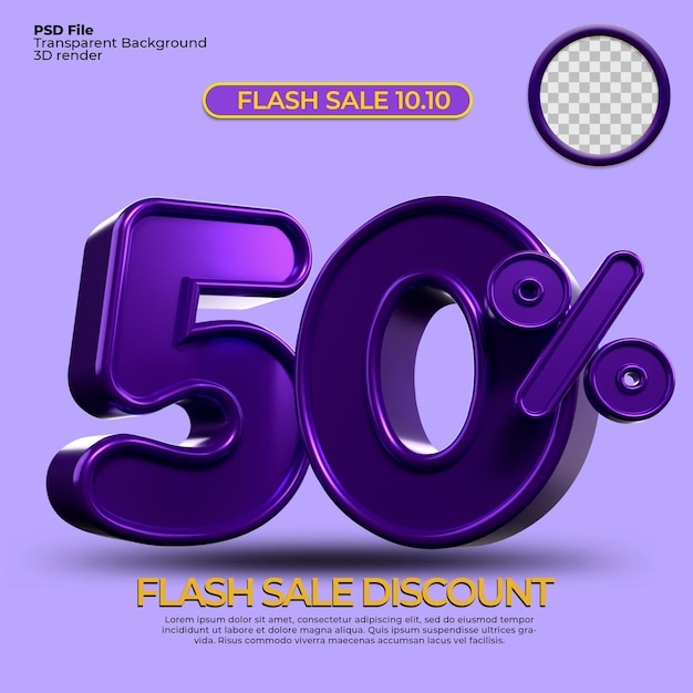 3D render venta descuento 50 porcentaje número color púrpura