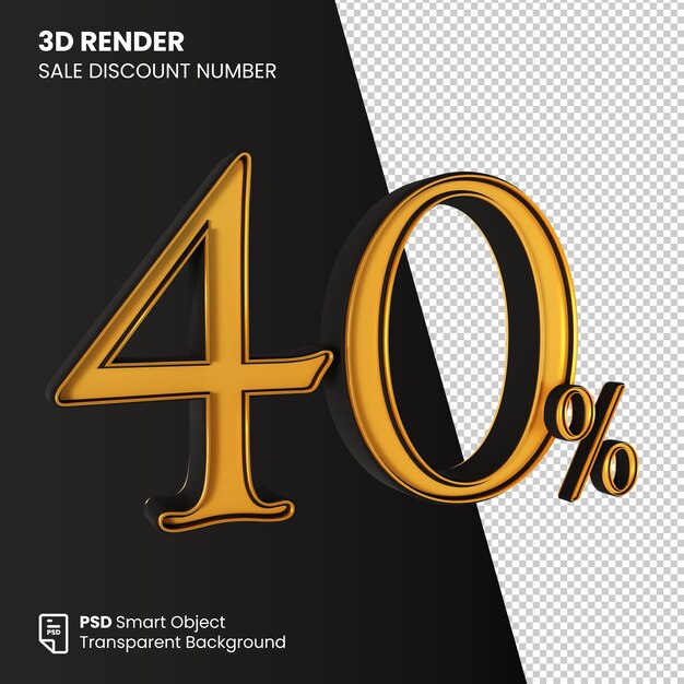 3D Render Venta Descuento Número 40 Por Ciento Oro Negro