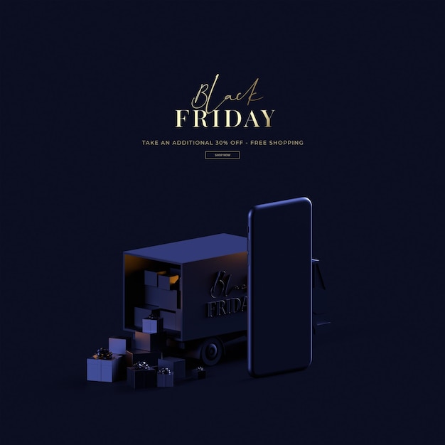 3d render venta de viernes negro sobre fondo azul objeto de compras de lujo