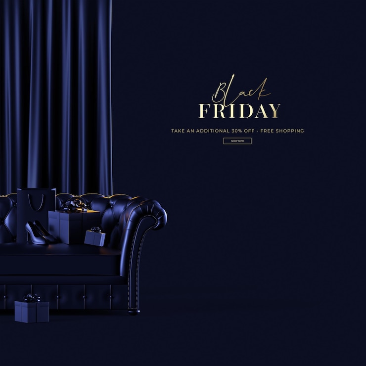 PSD 3d render venta de viernes negro sobre fondo azul objeto de compras de lujo