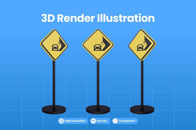 PSD 3d-render-verkehrszeichen des warnzeichens des gelben dreiecks symbol für fallenden stein- und felsenverkehr