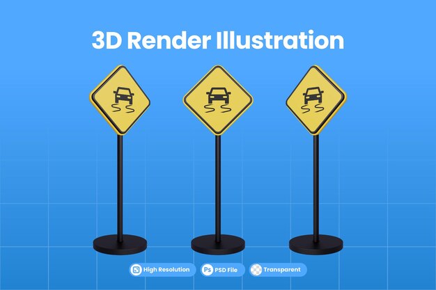 PSD 3d-render-verkehrszeichen des warnzeichensymbols des gelben dreiecks für den rutschigen straßenverkehr premium psd