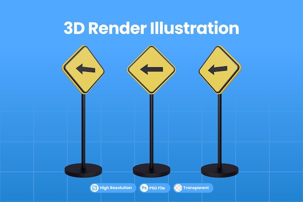 PSD 3d-render-verkehrszeichen des warnzeichensymbols des gelben dreiecks für linksabbiege-prämie psd