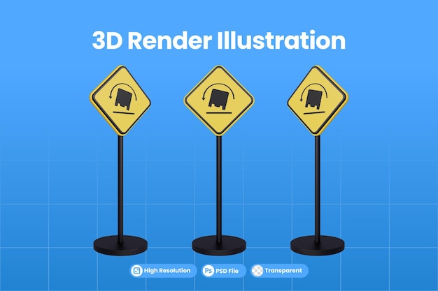 PSD 3d-render-verkehrszeichen des warnzeichensymbols des gelben dreiecks für lkw-rollover-verkehr premium psd