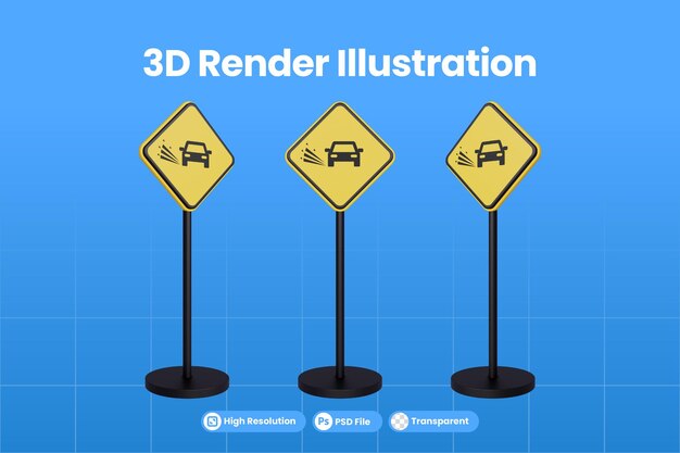 3D-Render-Verkehrszeichen des Warnzeichensymbols des gelben Dreiecks für lose Kiesverkehrsprämien psd