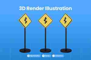 PSD 3d-render-verkehrszeichen des warnzeichensymbols des gelben dreiecks reihe von kurven traffic premium psd