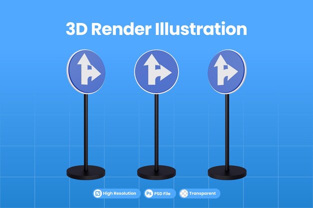 3D-Render-Verkehrszeichen für geradeaus oder rechts abbiegen Premium PSD
