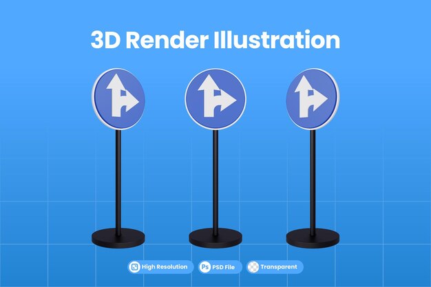 PSD 3d-render-verkehrszeichen für geradeaus oder rechts abbiegen premium psd