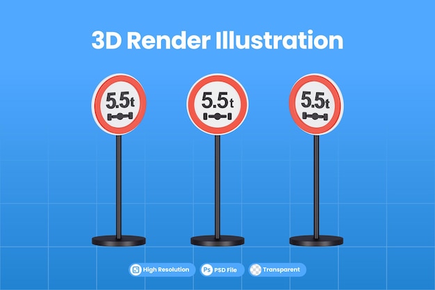 PSD 3d-render-verkehrszeichen mit einem höchstgewicht von 55 tonnen premium-psd