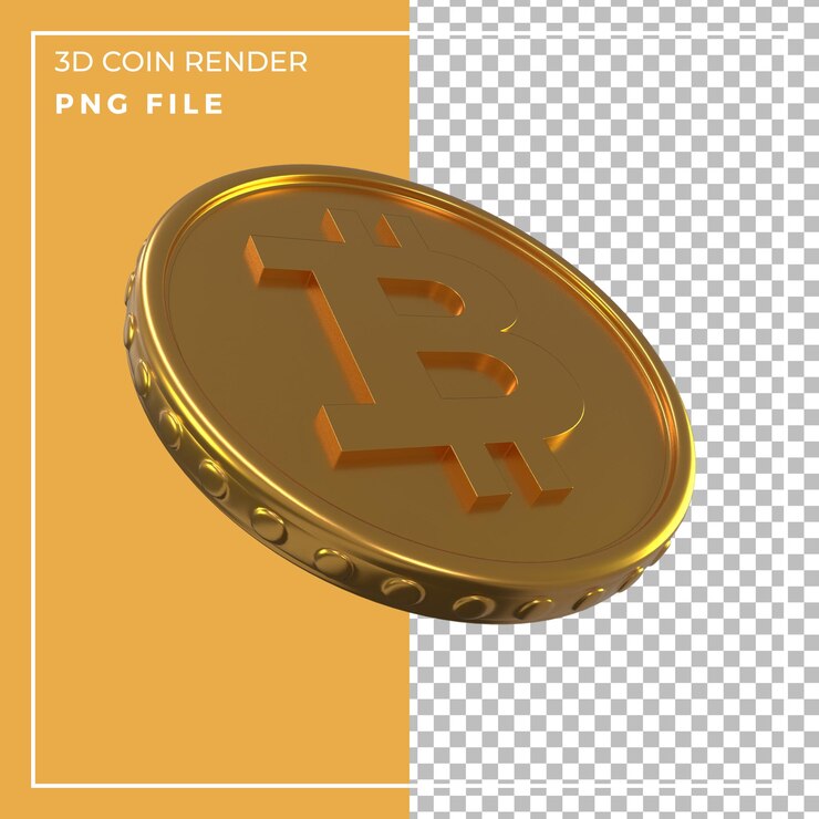 PSD 3d render vista em perspectiva realista de bitcoin dourado