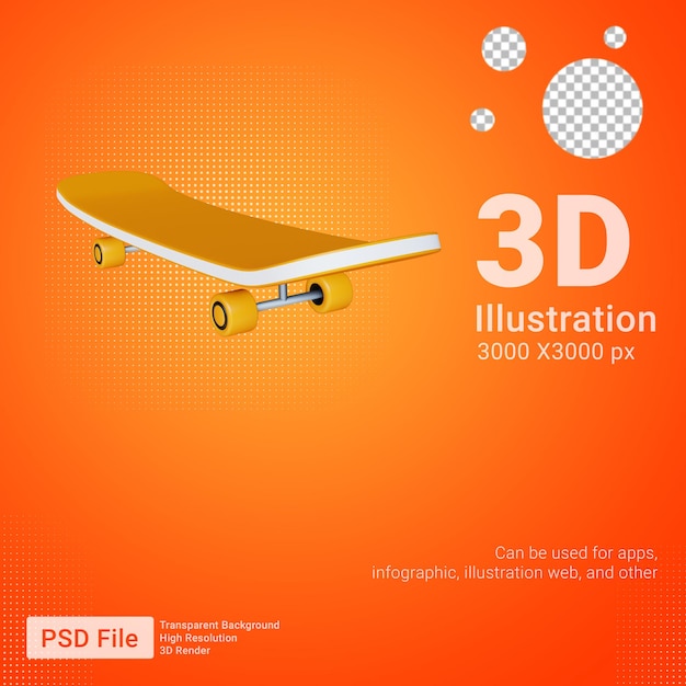 3d render vista en perspectiva de tabla de skate