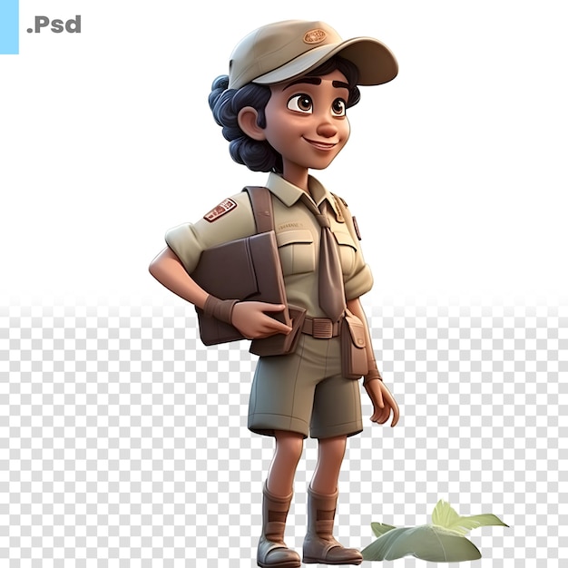 PSD 3d-render von little boy mit safari-hut und pfadfinderuniform psd-vorlage