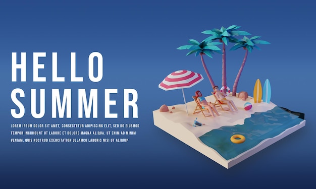 3D-Render-Vorlagendesign für den Sommertag mit einem Podium Premium-PSD