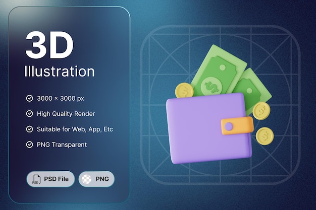 PSD 3d render wallet chart comptabilité concept finance design moderne