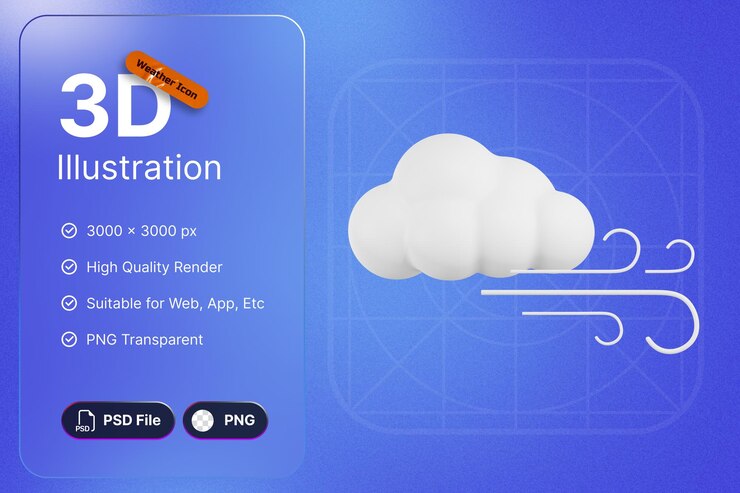 PSD 3d render weather icons cloud con viento para aplicaciones de diseño de pronósticos y web