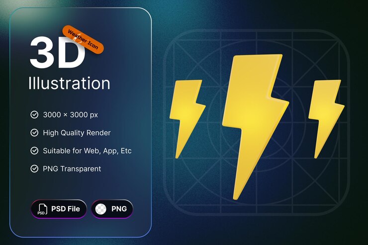 PSD 3d render weather icons thunder para aplicaciones de diseño de pronóstico y web