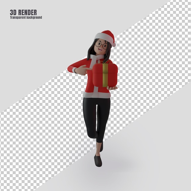 3d-render weiblicher charakter mit weihnachtsmann-kostüm mit weihnachtsgeschenkbox