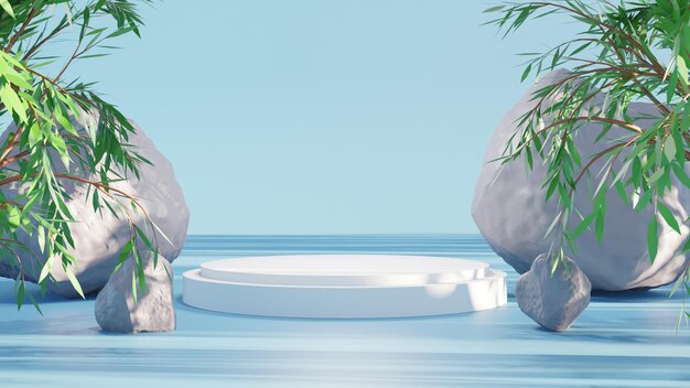 3d render weißes leeres podium mit felsen auf blauem hintergrund