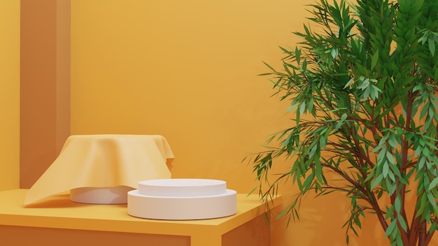 3D render weißes Podium auf gelbem Hintergrund mit Baum