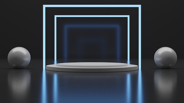 3D render weißes Podium mit blauem Licht auf schwarzem Hintergrund