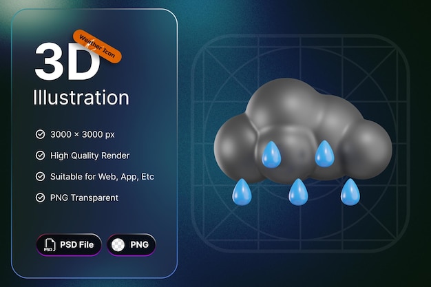 PSD 3d-render-wettersymbole regen bewölkt für forecast-design-anwendung und web