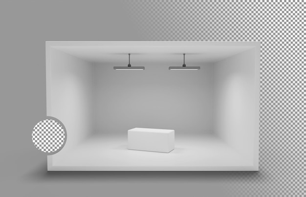 3d render white booth stand for trade show presentation event Mockup sala de exposiciones con paredes lámparas de luz en el techo y pantalla de mesa o podio Diseño de área de promoción de negocios en blanco Ilustración 3D