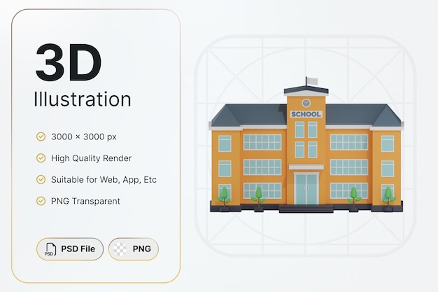 3d render yellow school building centro vista concepto diseño moderno