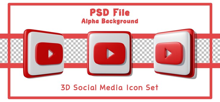 PSD 3d render youtube social media icon set fondo alfa