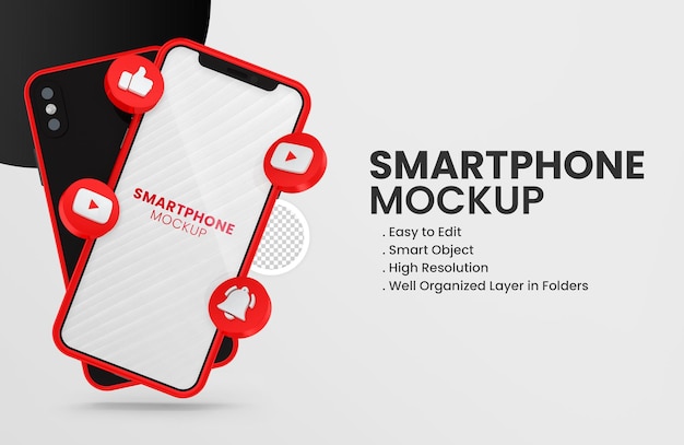 3D-Render-YouTube-Symbol auf rotem Smartphone-Modell
