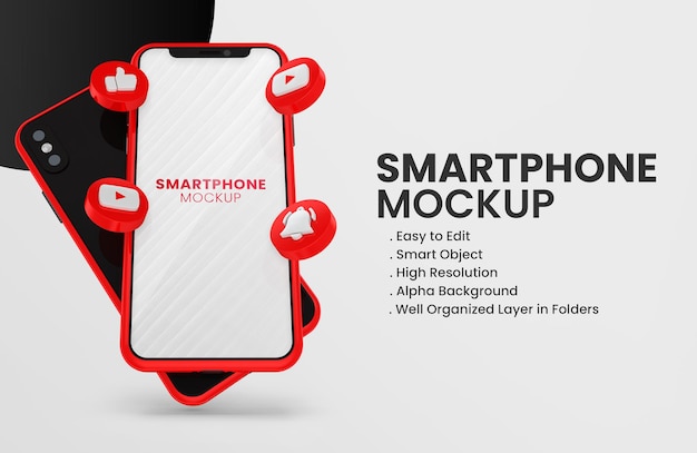 3D-Render-YouTube-Symbol auf rotem Smartphone-Modell