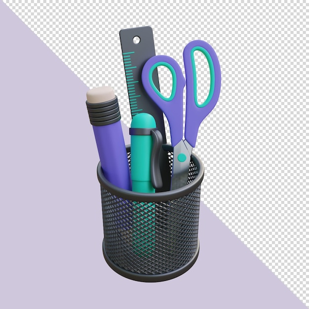 3D-Renderbehälter mit Scherenstiften und einem violetten Bleistiftlineal