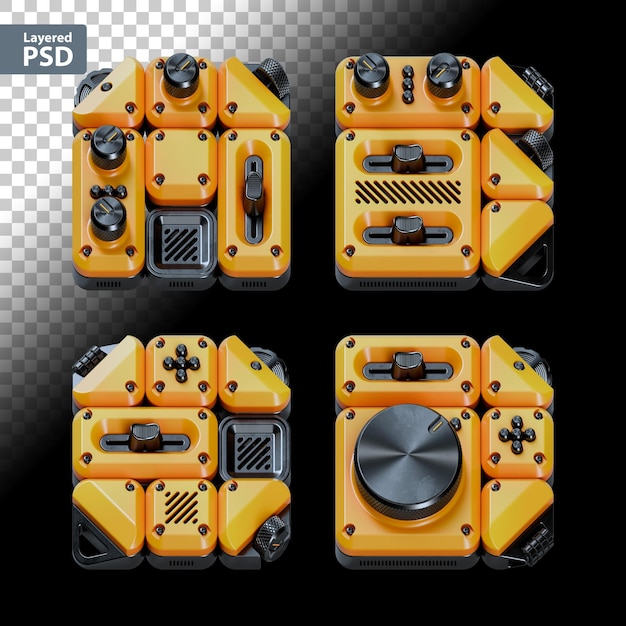 3D Rendered Font set made of Abstract Gadgets with analog Knobs Bolts and Faders